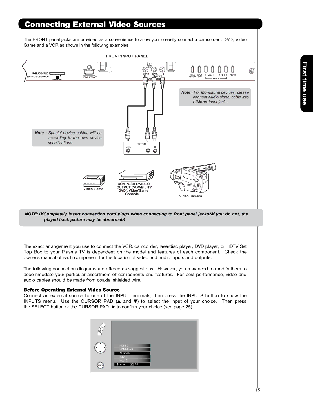 Hitachi P50S601 important safety instructions Before Operating External Video Source 