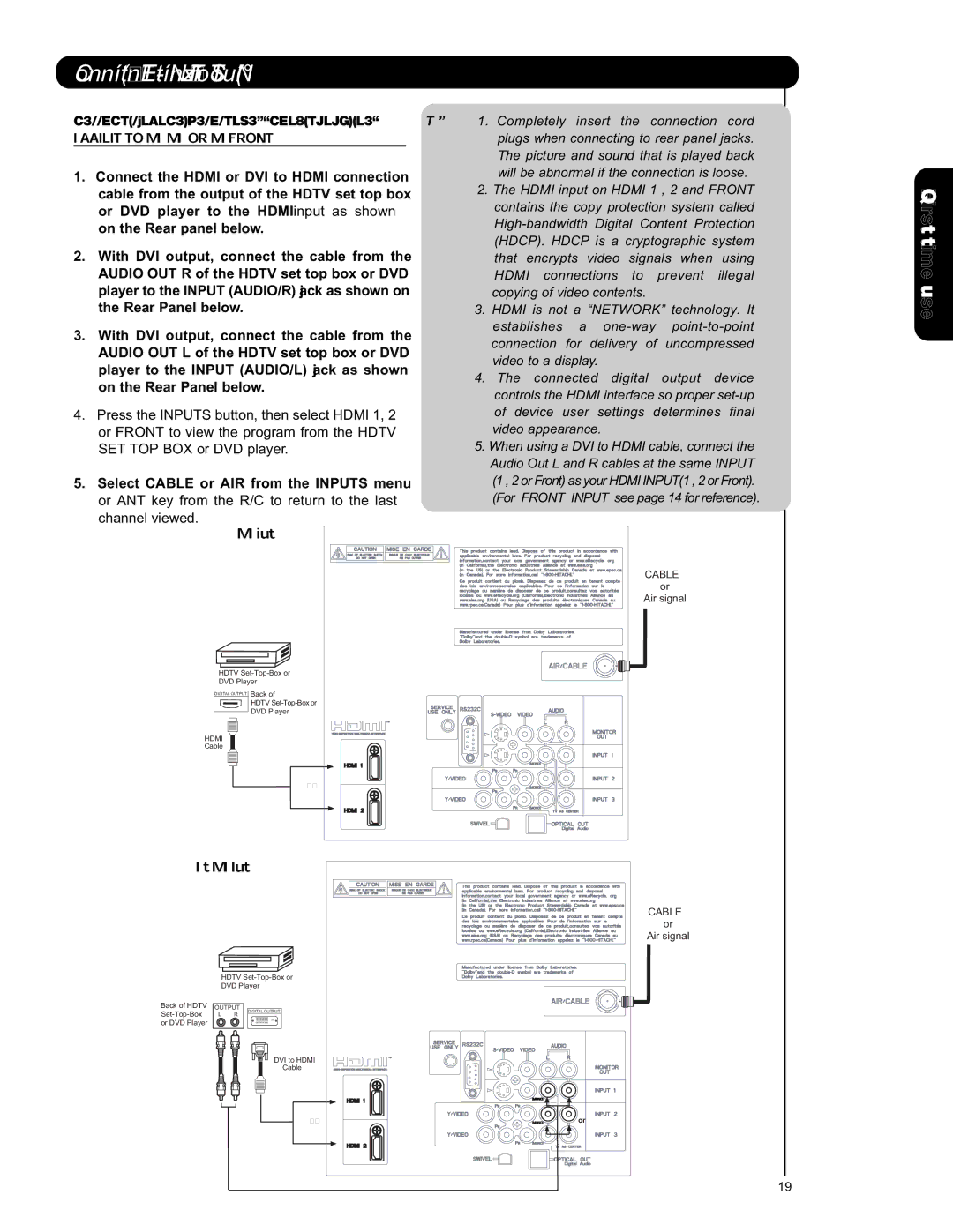 Hitachi P50S601 important safety instructions Connecting a Component Source with Hdmi or 