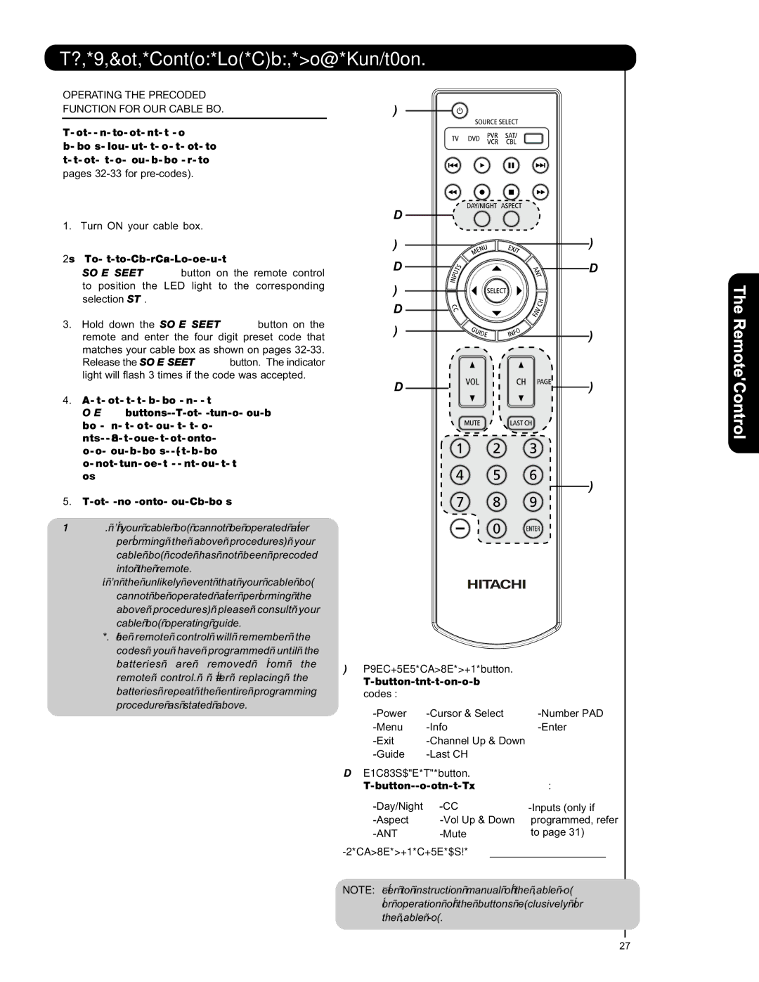 Hitachi P50S601 Remote Control for Cable Box Functions, Operating the Precoded Function for Your Cable BOX 