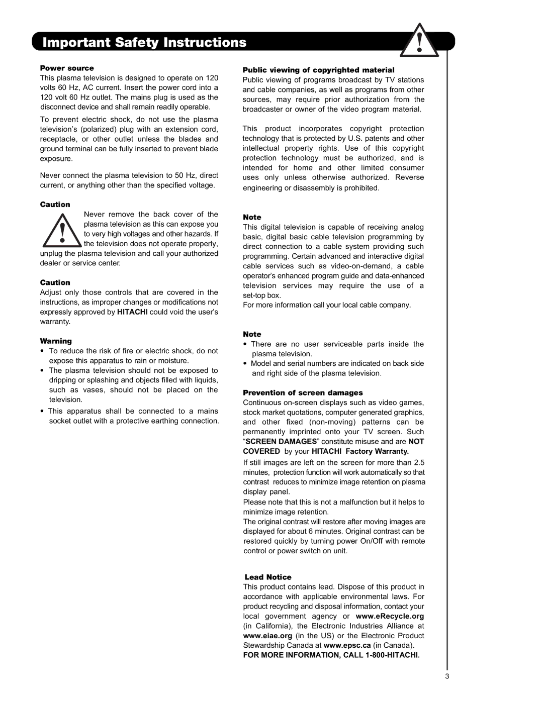 Hitachi P50S601 Power source, Public viewing of copyrighted material, Prevention of screen damages, Lead Notice 