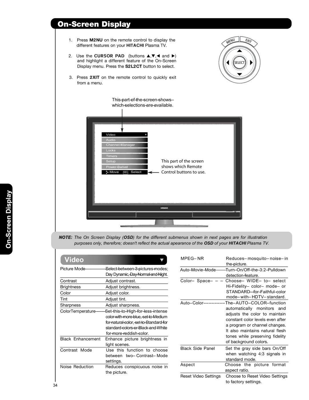 Hitachi P50S601 important safety instructions On-Screen Display, Video 