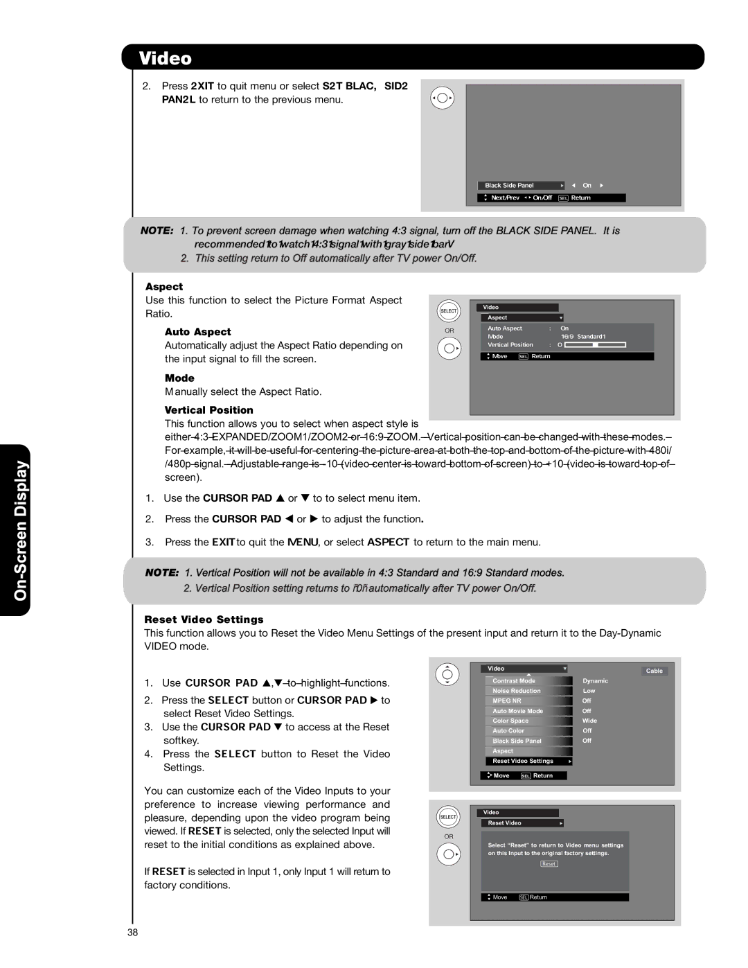 Hitachi P50S601 important safety instructions Auto Aspect, Mode, Vertical Position, Reset Video Settings 