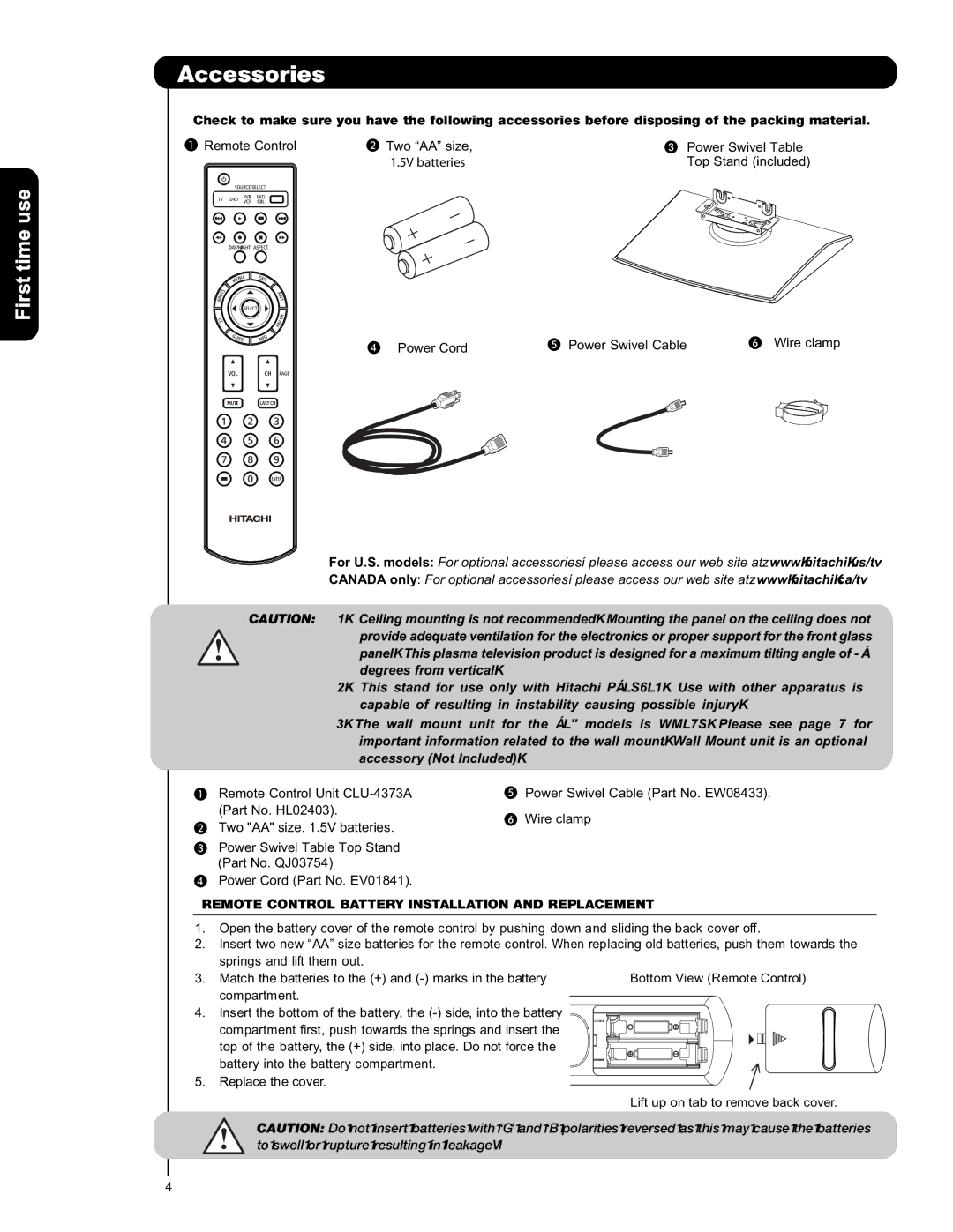 Hitachi P50S601 important safety instructions Accessories, Remote Control Battery Installation and Replacement 