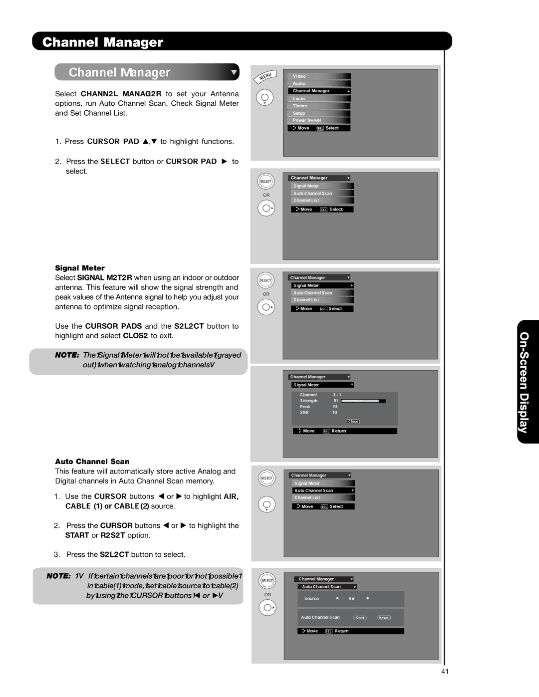 Hitachi P50S601 important safety instructions Channel Manager, Signal Meter, Auto Channel Scan 