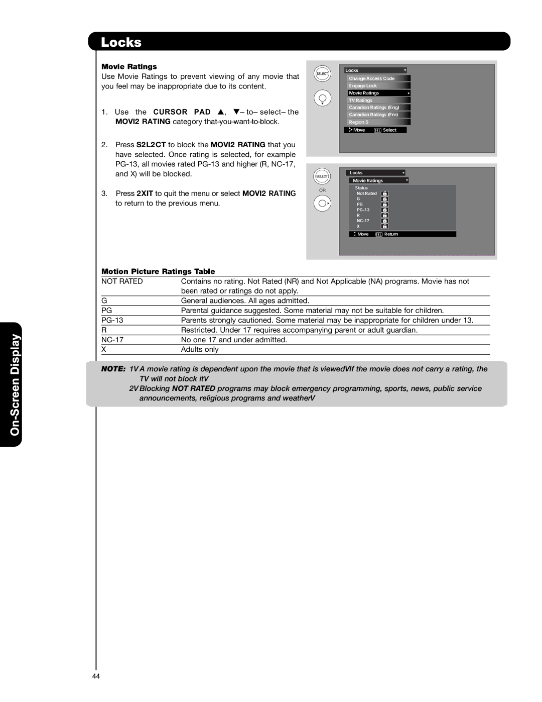 Hitachi P50S601 important safety instructions Movie Ratings, Motion Picture Ratings Table 