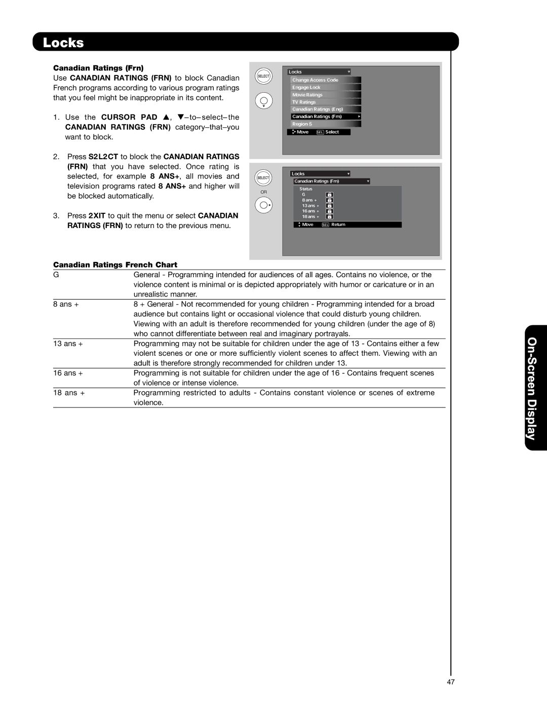 Hitachi P50S601 important safety instructions Press Select to block the Canadian Ratings, Canadian Ratings French Chart 