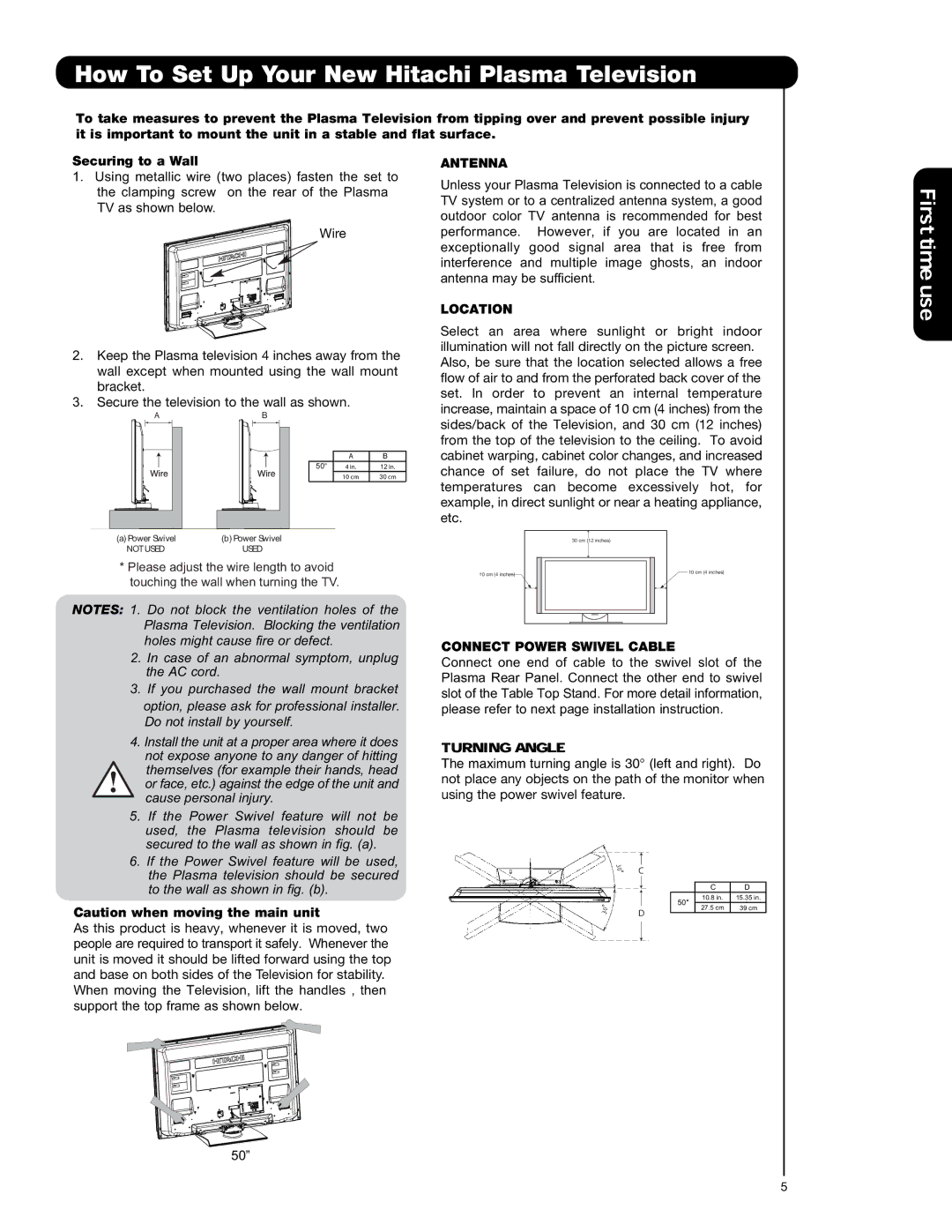 Hitachi P50S601 How To Set Up Your New Hitachi Plasma Television, Antenna, Location, Connect Power Swivel Cable 