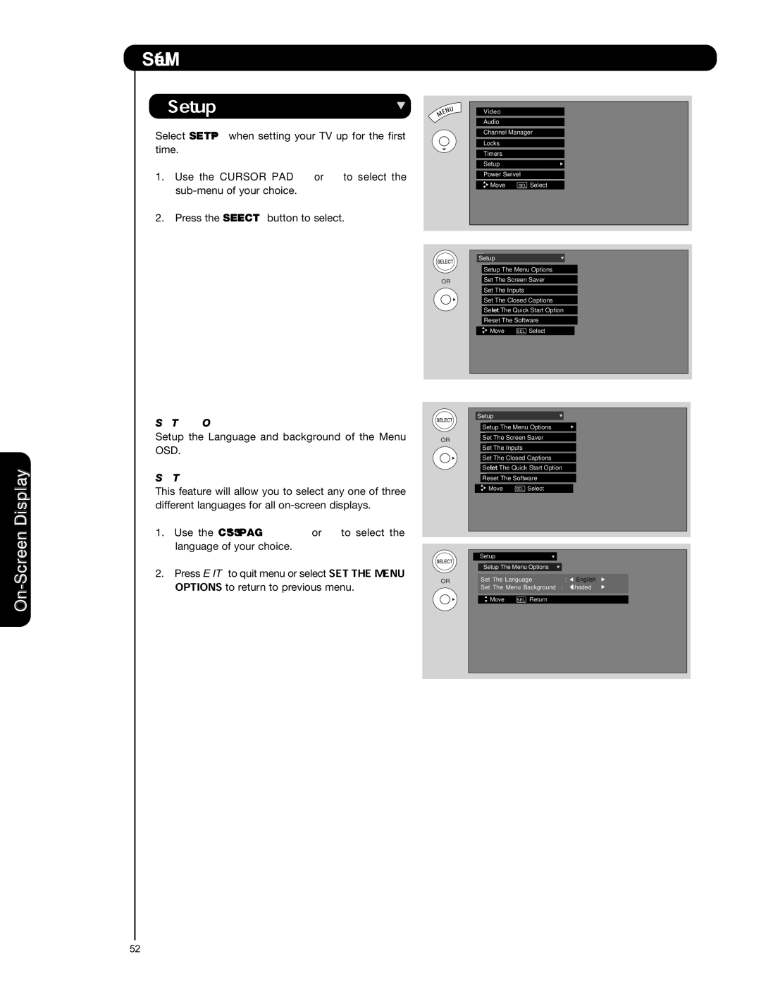 Hitachi P50S601 important safety instructions Setup, Set The Menu Options, Set The Language 