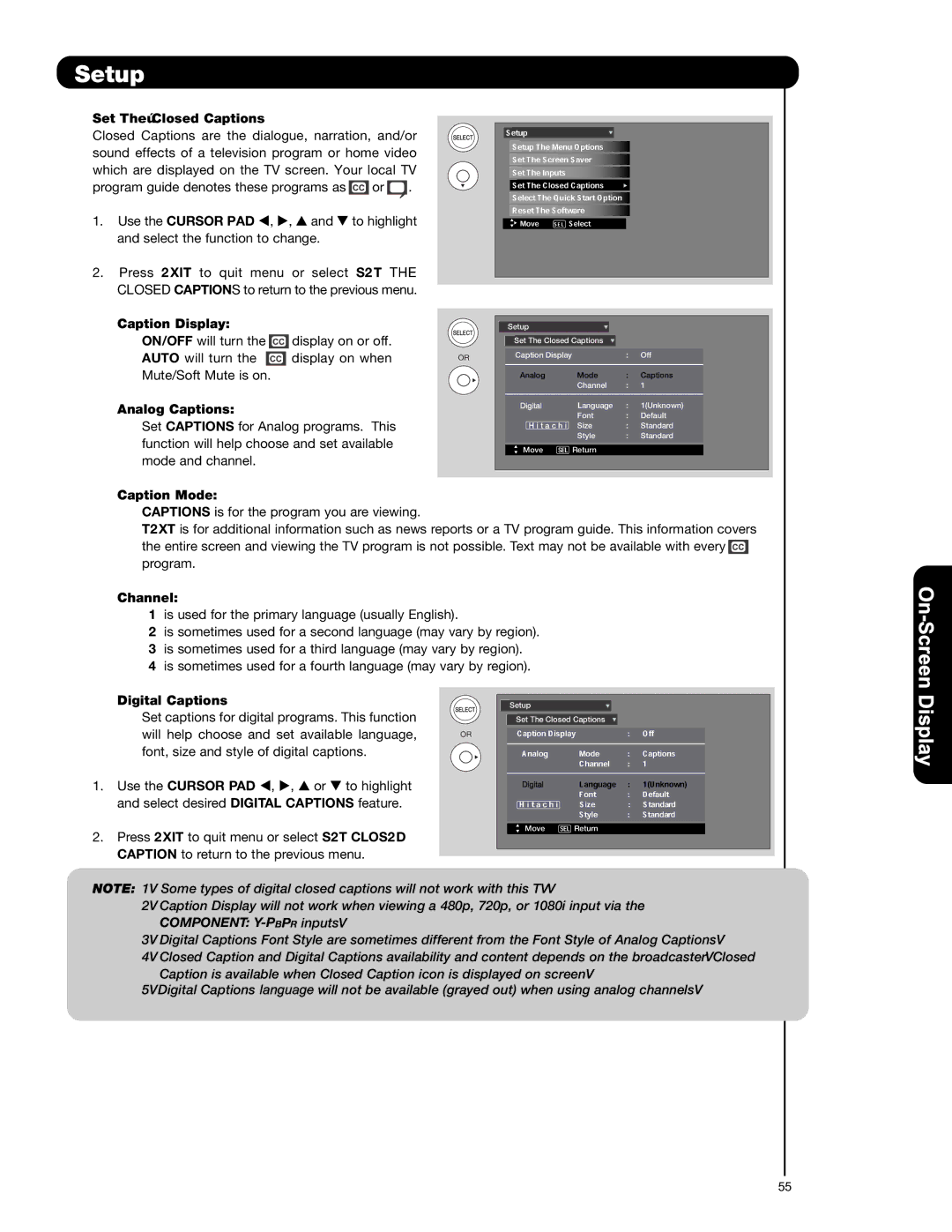 Hitachi P50S601 Set The Closed Captions, Caption Display, Analog Captions, Caption Mode, Channel, Digital Captions 