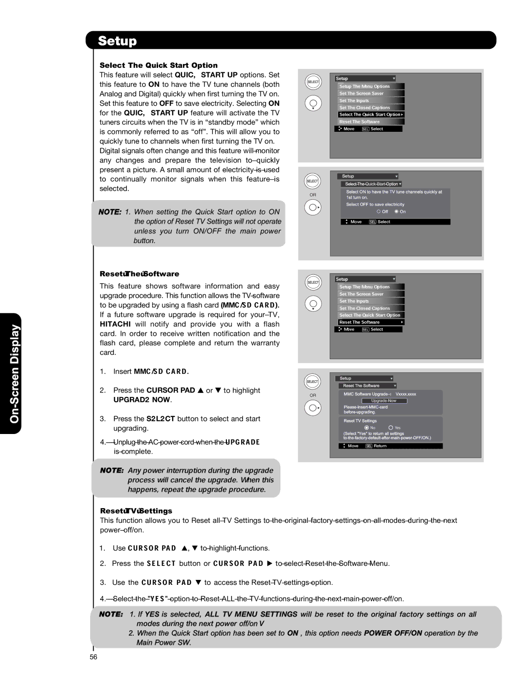 Hitachi P50S601 Select The Quick Start Option, Reset The Software, Upgrade NOW, Reset TV Settings 