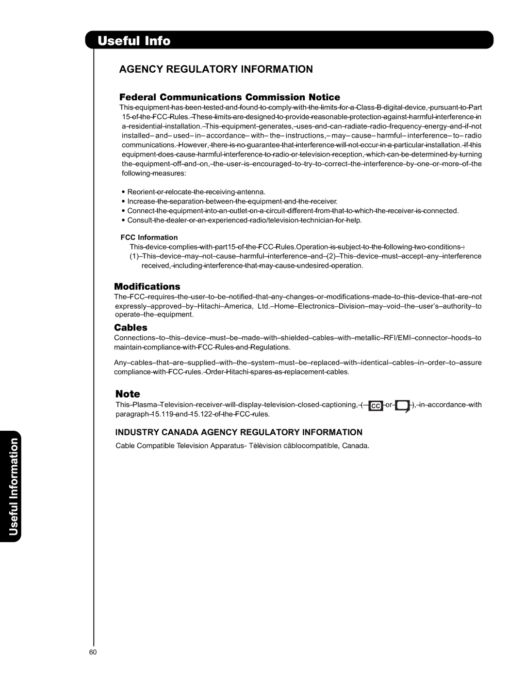 Hitachi P50S601 important safety instructions Useful Info, FCC Information 