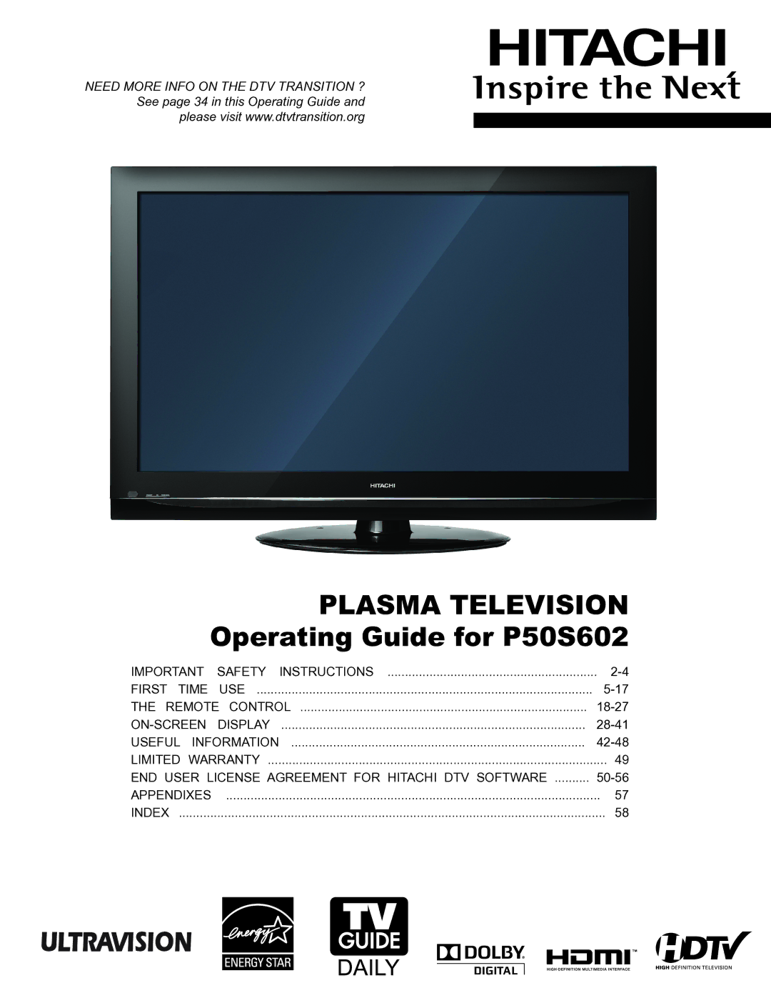 Hitachi P50S602 important safety instructions Plasma Television 