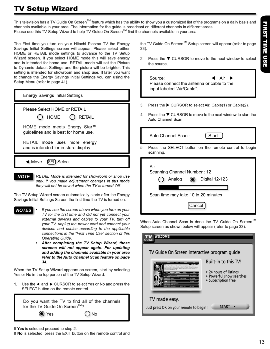 Hitachi P50S602 important safety instructions TV Setup Wizard, First 