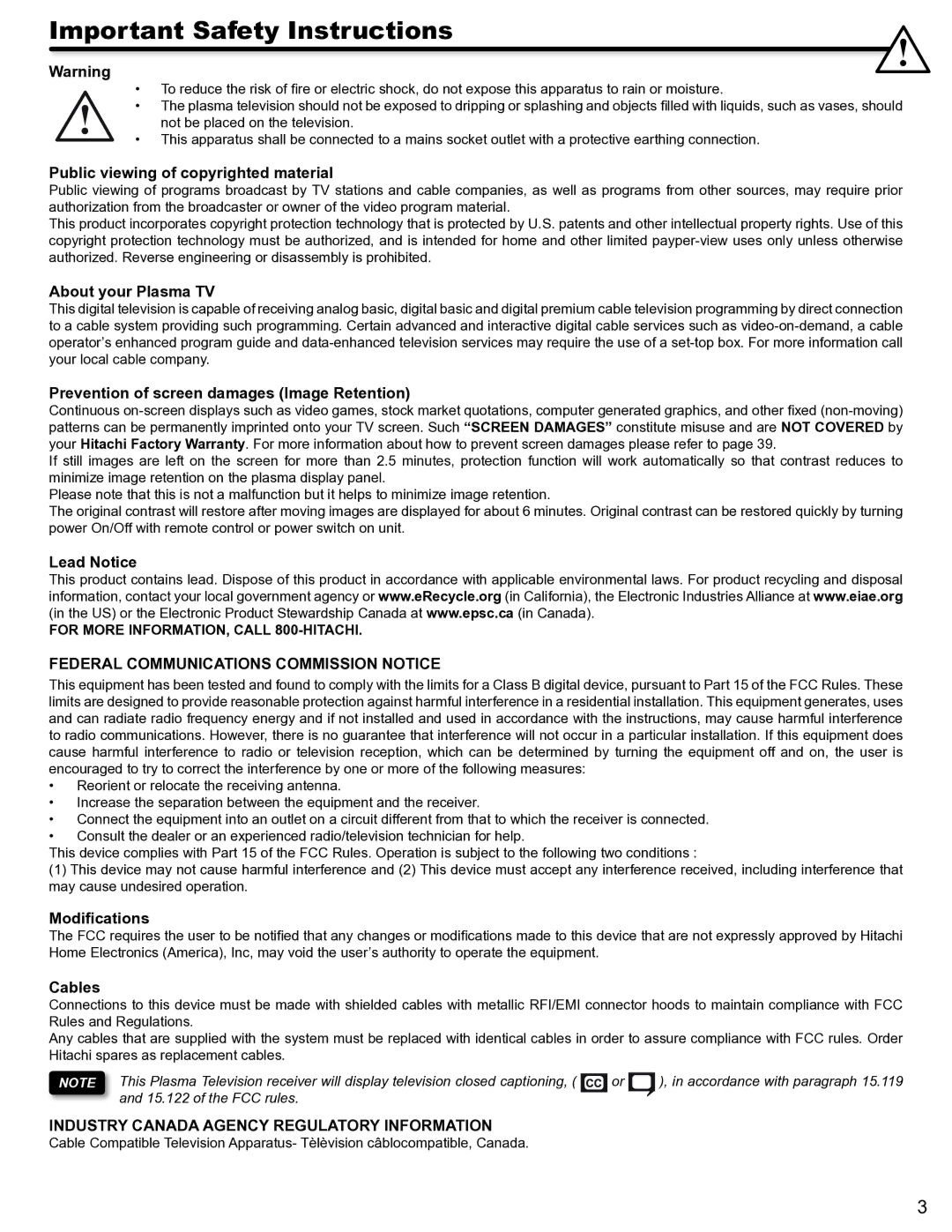 Hitachi P50S602 Federal Communications Commission Notice, Industry Canada Agency Regulatory Information 