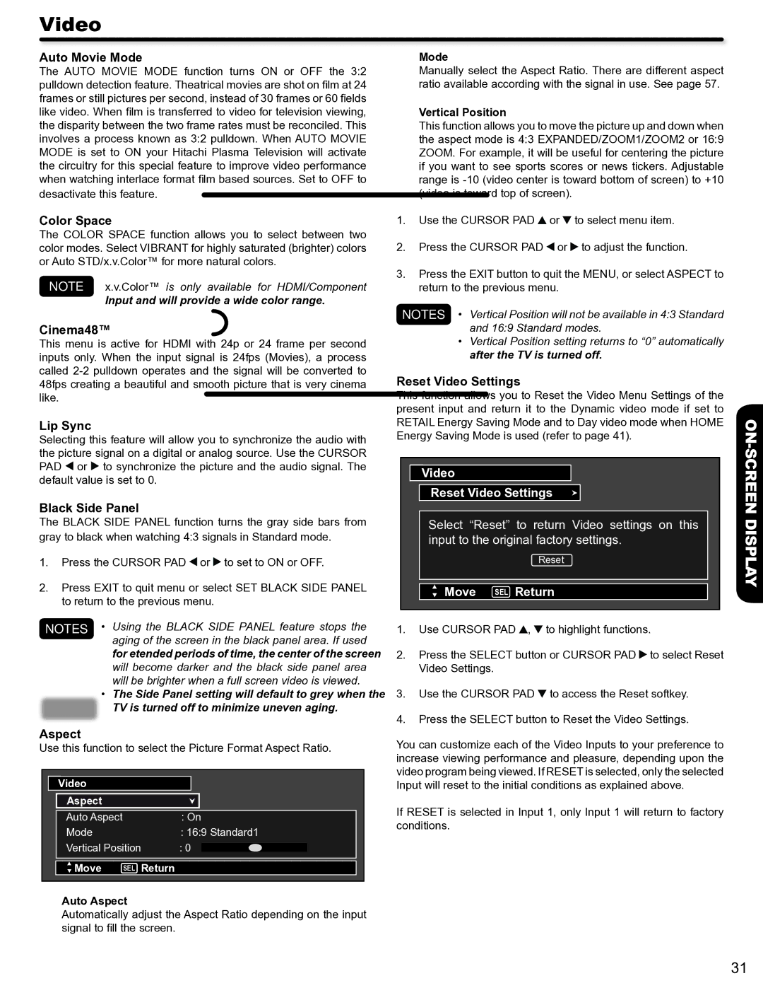 Hitachi P50S602 Auto Movie Mode, Color Space, Cinema48, Lip Sync, Black Side Panel, Aspect, Reset Video Settings 