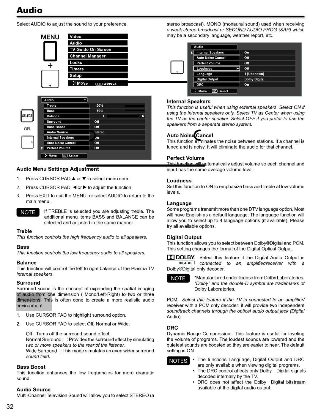 Hitachi P50S602 important safety instructions Audio, Drc 