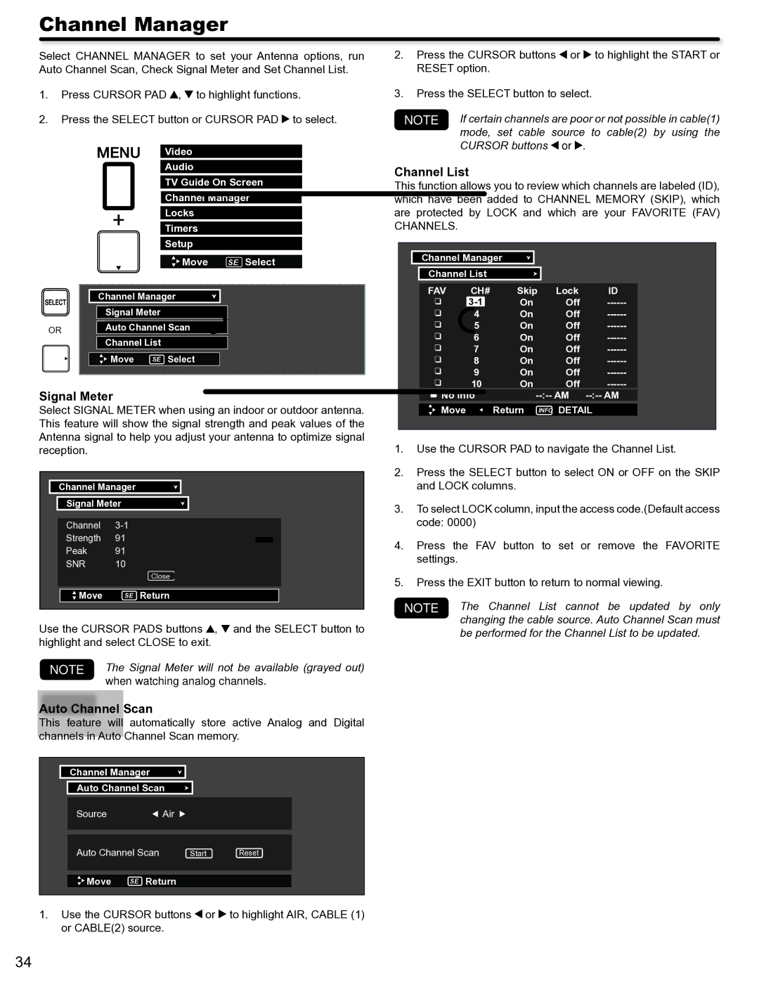 Hitachi P50S602 important safety instructions Channel Manager, Signal Meter, Auto Channel Scan, Channel List 