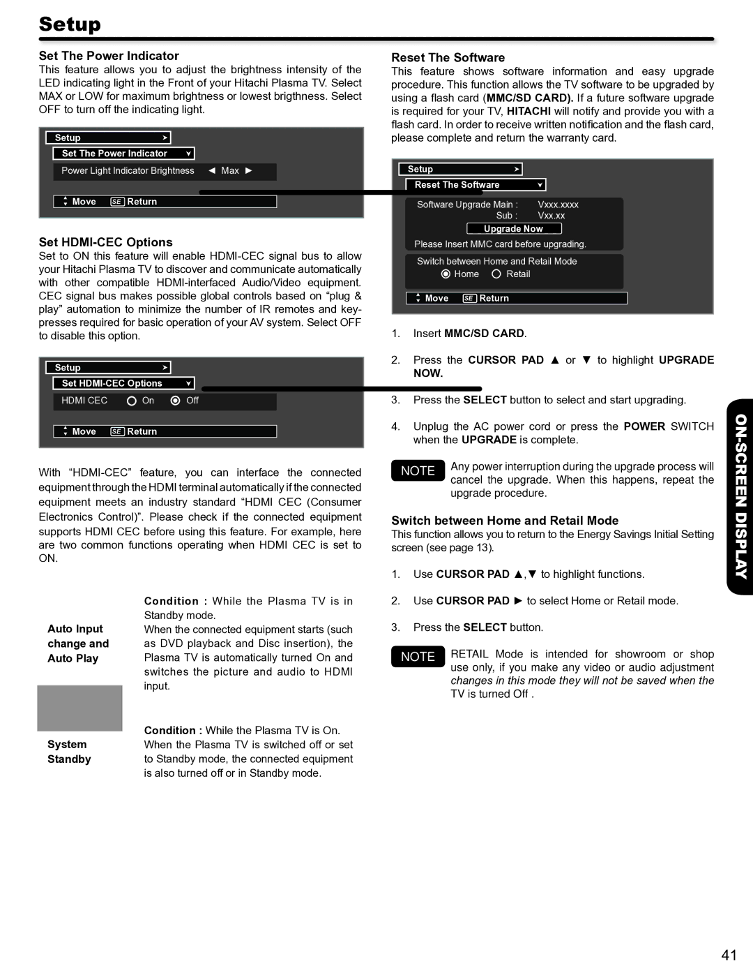 Hitachi P50S602 Set The Power Indicator, Set HDMI-CEC Options, Reset The Software, Switch between Home and Retail Mode 