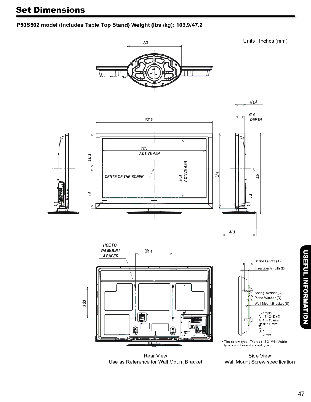 Hitachi P50S602 important safety instructions Set Dimensions, Units Inches mm 