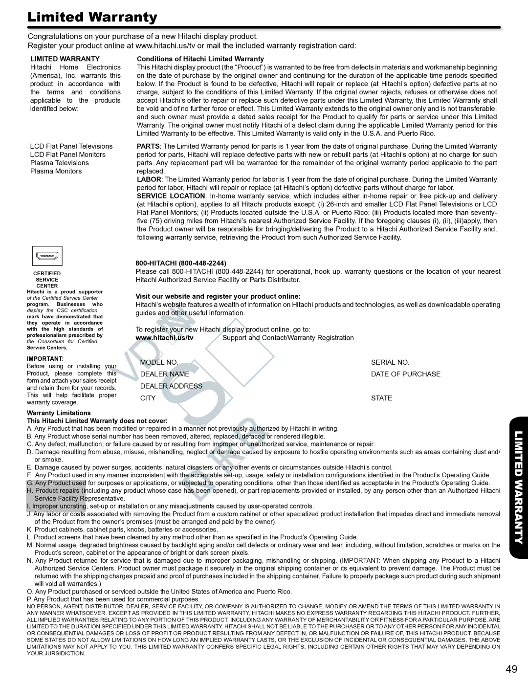 Hitachi P50S602 important safety instructions Conditions of Hitachi Limited Warranty 