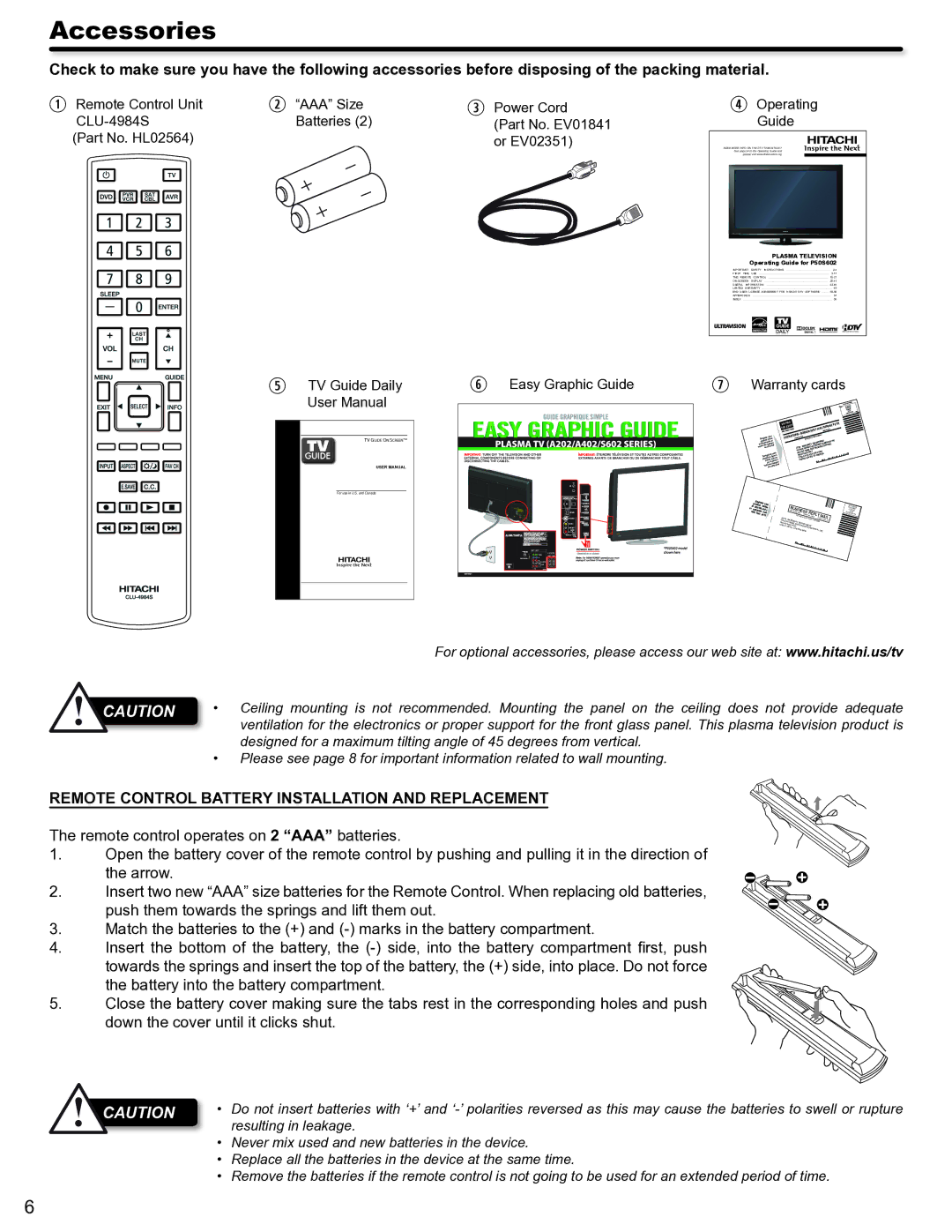 Hitachi P50S602 Accessories, Remote Control Battery Installation and Replacement, TV Guide Daily, Easy Graphic Guide 