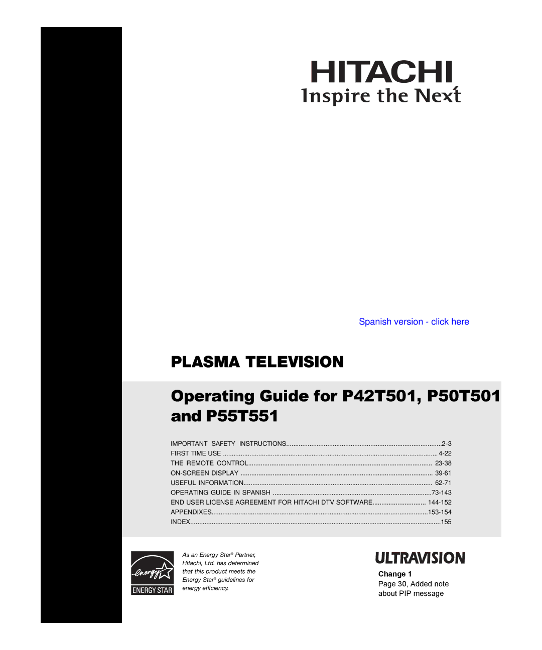 Hitachi P50T501, P55T551 manual Plasma Television 