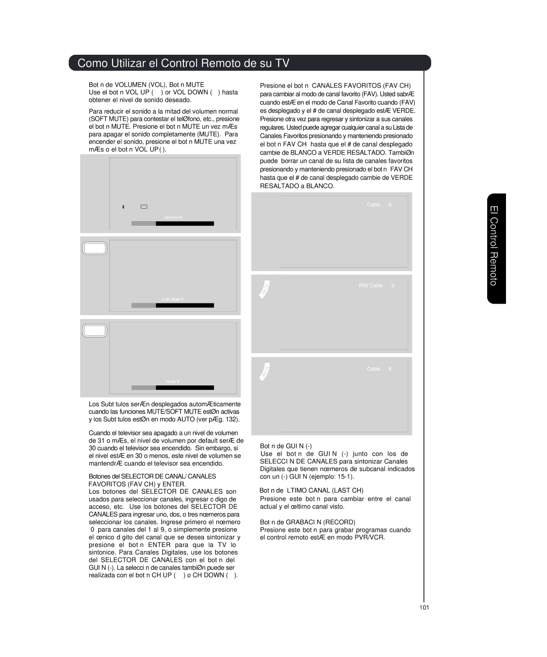 Hitachi P50T501, P55T551 Comoo Utilizar el Control Remotooto de su TV, Botón de Volumen VOL, Botón Mute, 17 Botón de Guión 