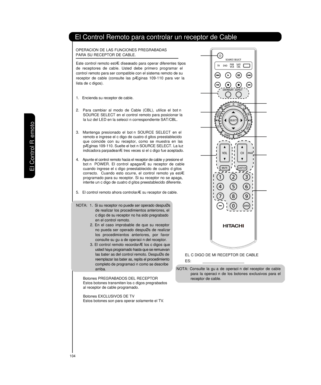 Hitachi P50T501, P55T551 manual El Control Remoto para controlar un receptor de Cable, Botones Pregrabados DEL Receptor 