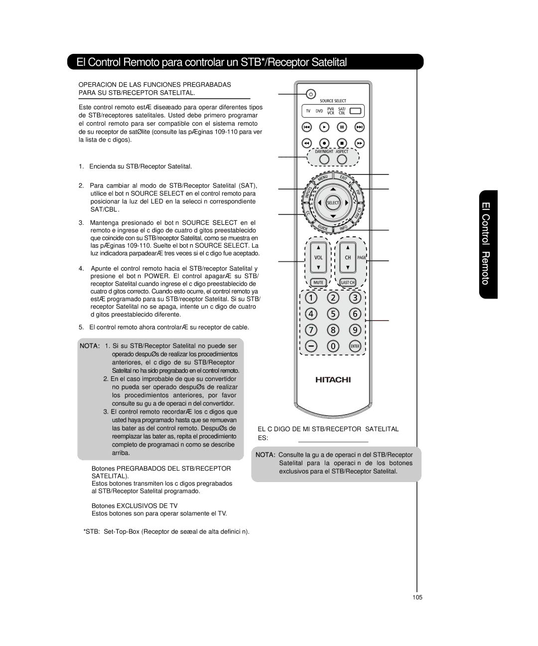 Hitachi P50T501, P55T551 manual El Control Remoto para controlar un STB*/Receptor Satelital 