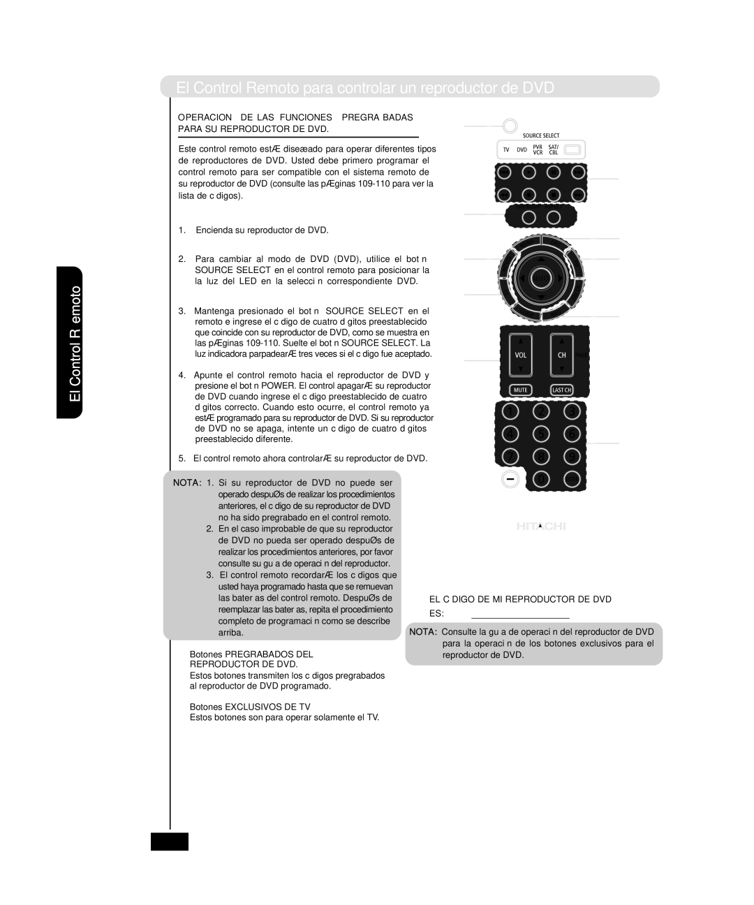 Hitachi P50T501, P55T551 manual El Control Remoto para controlar un reproductor de DVD, EL Código DE MI Reproductor DE DVD 