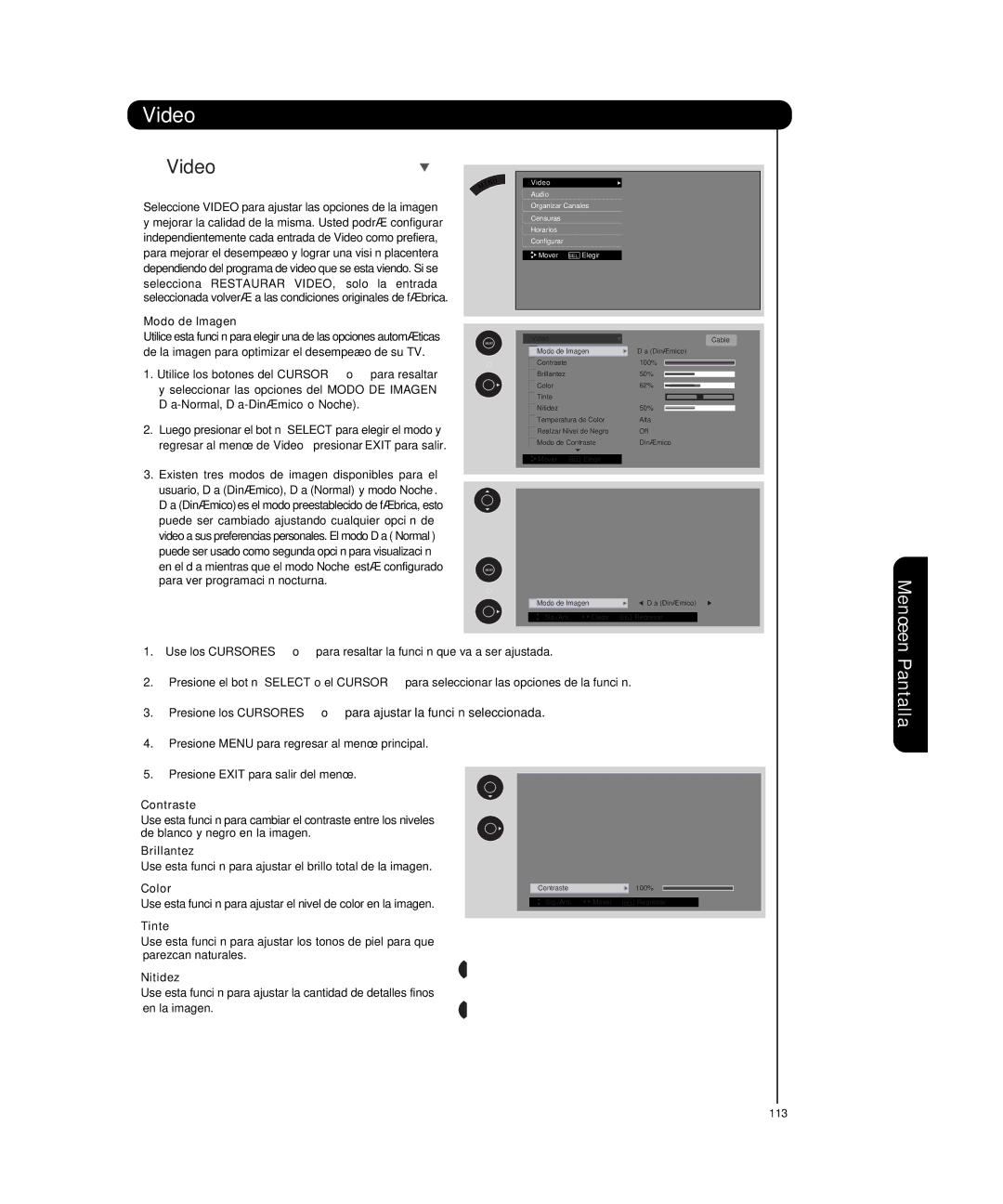 Hitachi P50T501, P55T551 manual Modo de Imagen, Contraste, Brillantez, Tinte, Nitidez 