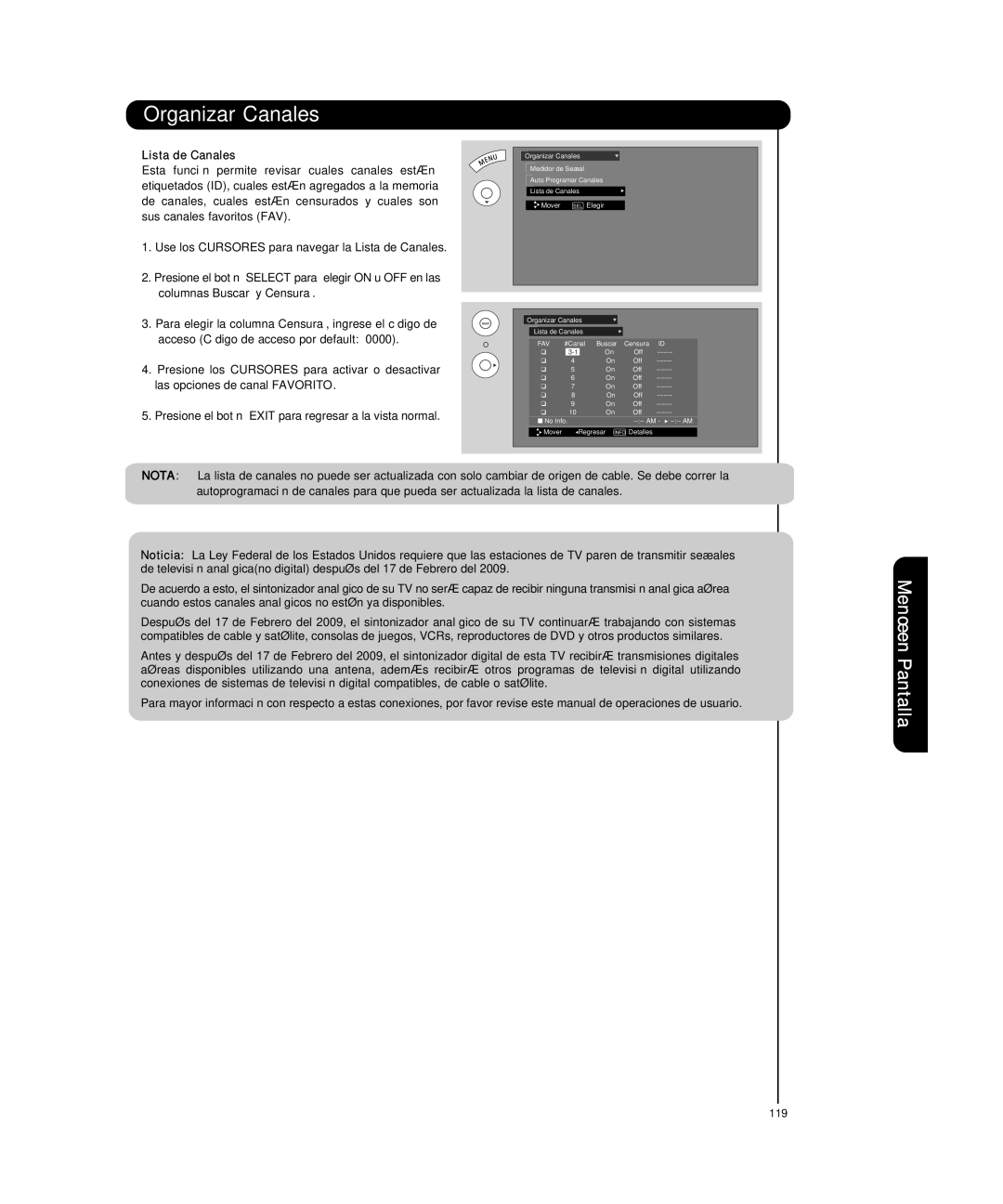 Hitachi P50T501, P55T551 manual Lista de Canales 