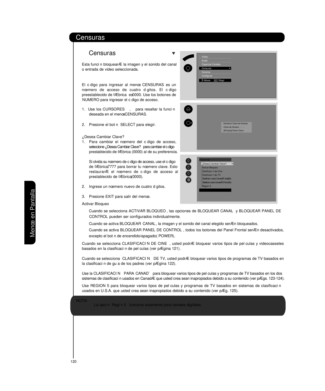 Hitachi P50T501, P55T551 manual Censuras, ¿Desea Cambiar Clave?, Activar Bloqueo, Nota 