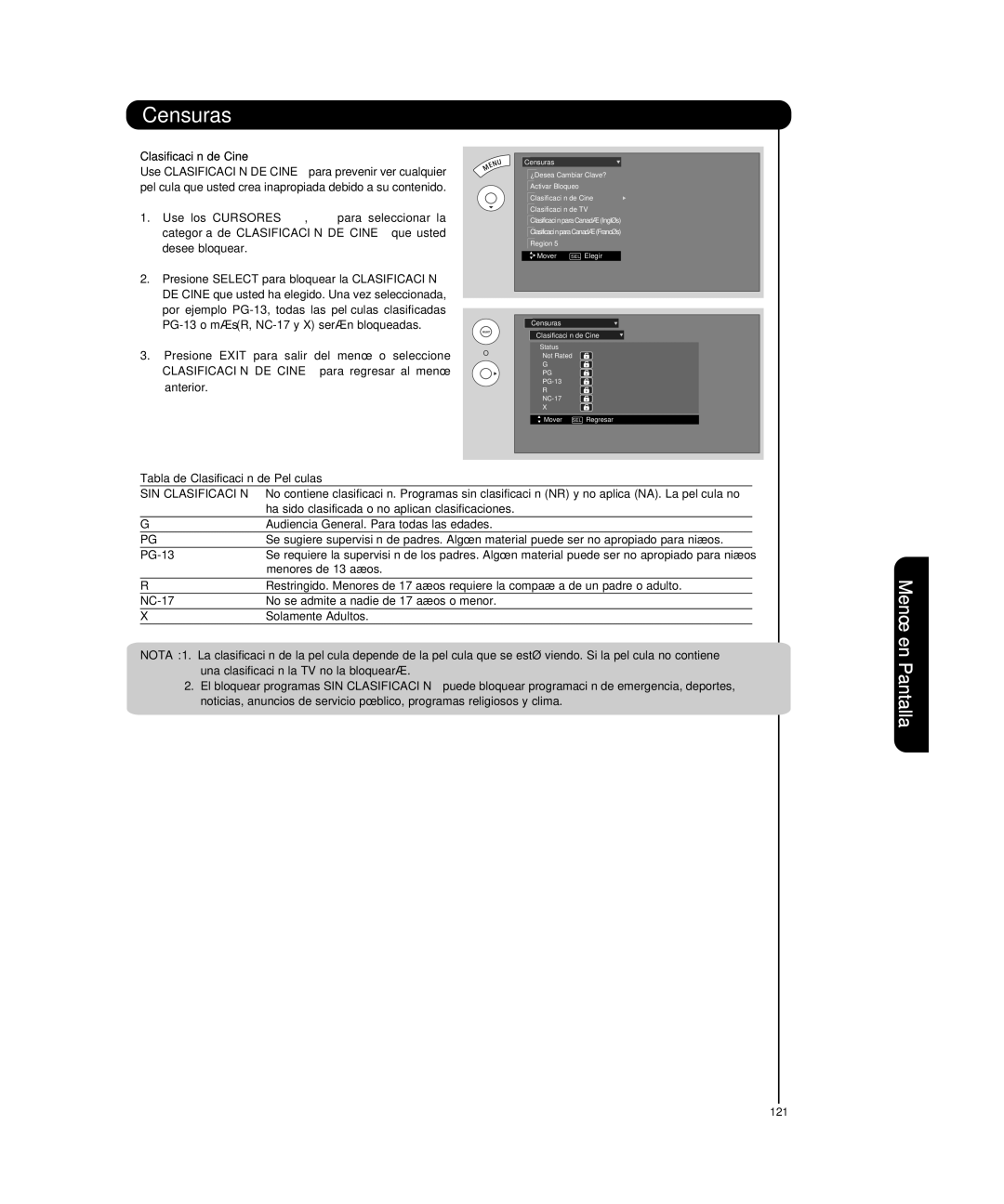 Hitachi P50T501, P55T551 manual Clasificación de Cine, PG-13, NC-17 