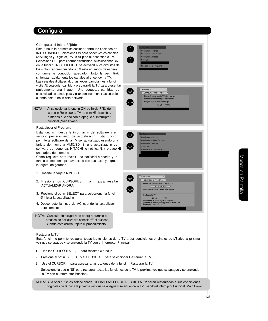 Hitachi P50T501, P55T551 manual Configurar el Inicio Rápido, Restablecer el Programa, Actualizar Ahora, Restaurar la TV 