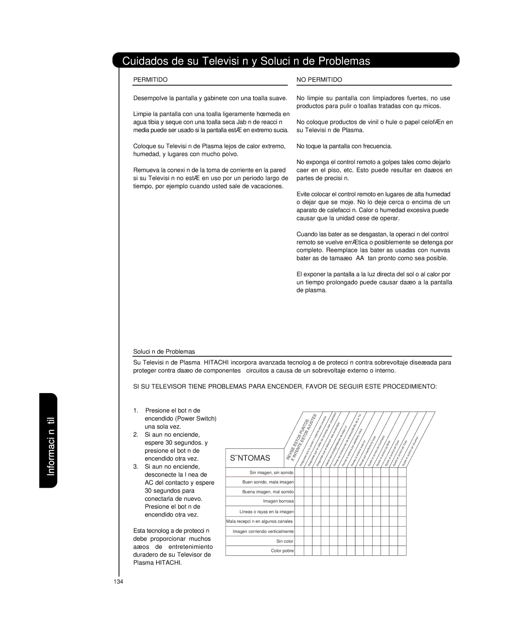 Hitachi P50T501, P55T551 manual Cuidados de su Televisión y Solución de Problemas, Información Útil, Permitido No Permitido 