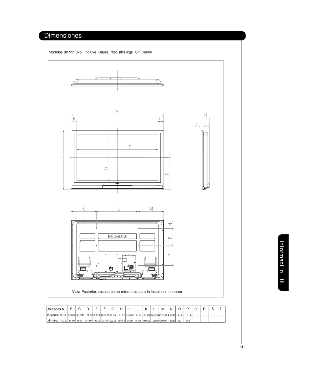 Hitachi P50T501, P55T551 manual Modelos de 55 No Incluye Base Peso lbs./kg Sin Definir 