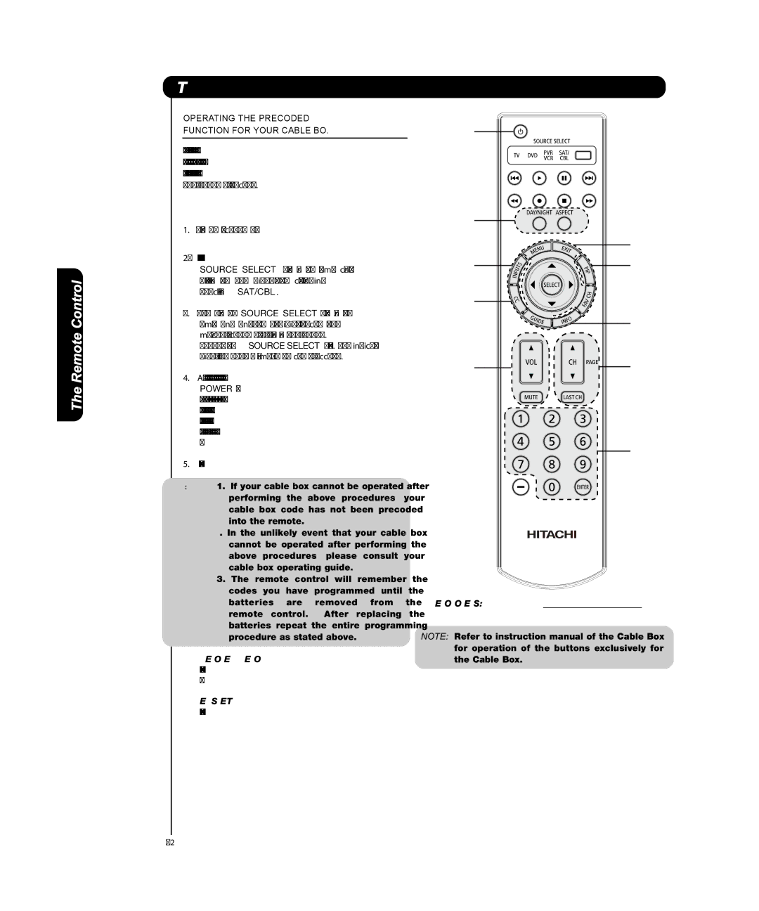 Hitachi P50T501, P55T551 manual Remote Control for Cable Box Functions, Operating the Precoded Function for Your Cable BOX 