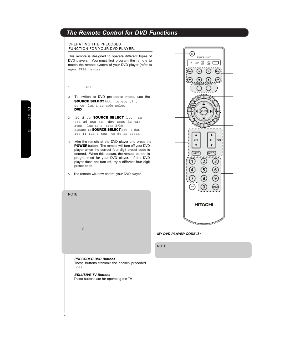 Hitachi P50T501, P55T551 manual Remote Control for DVD Functions, Operating the Precoded Function for Your DVD Player, Dvd 