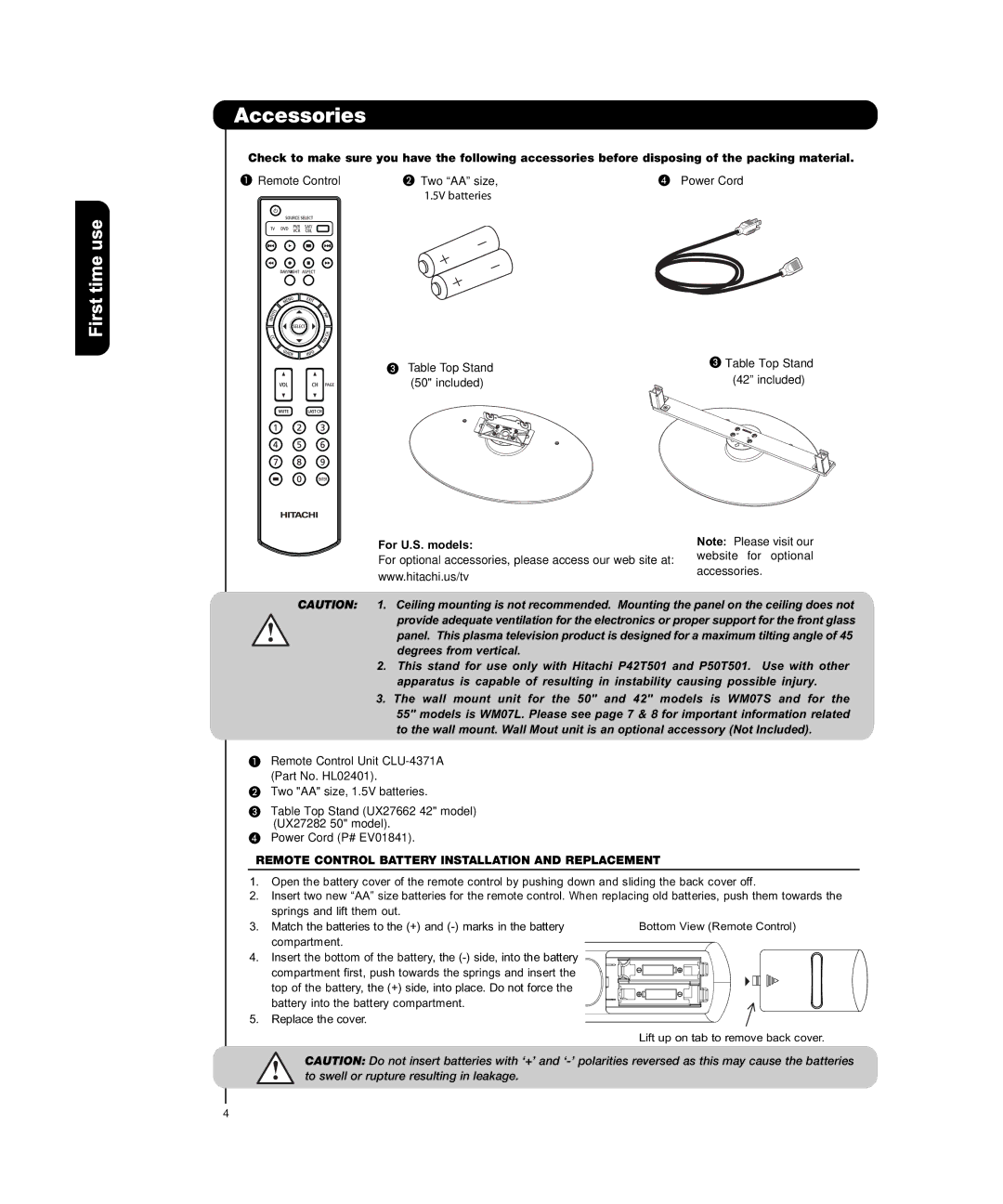 Hitachi P50T501, P55T551 Accessories, First time use, For U.S. models, Remote Control Battery Installation and Replacement 