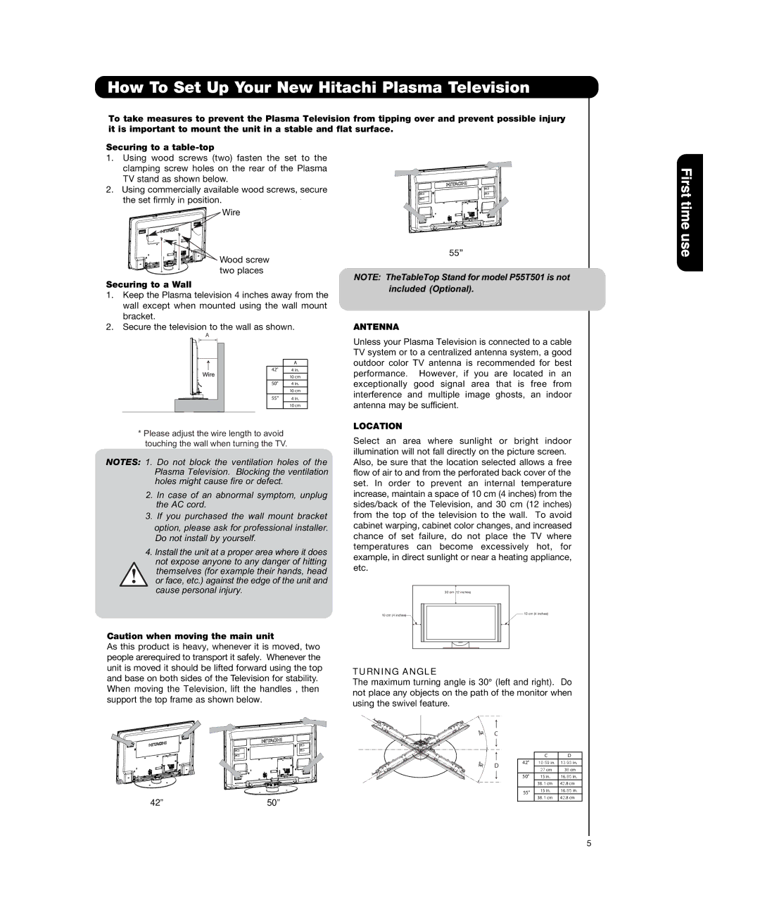 Hitachi P50T501, P55T551 manual How To Set Up Your New Hitachi Plasma Television, Securing to a Wall, Antenna, Location 