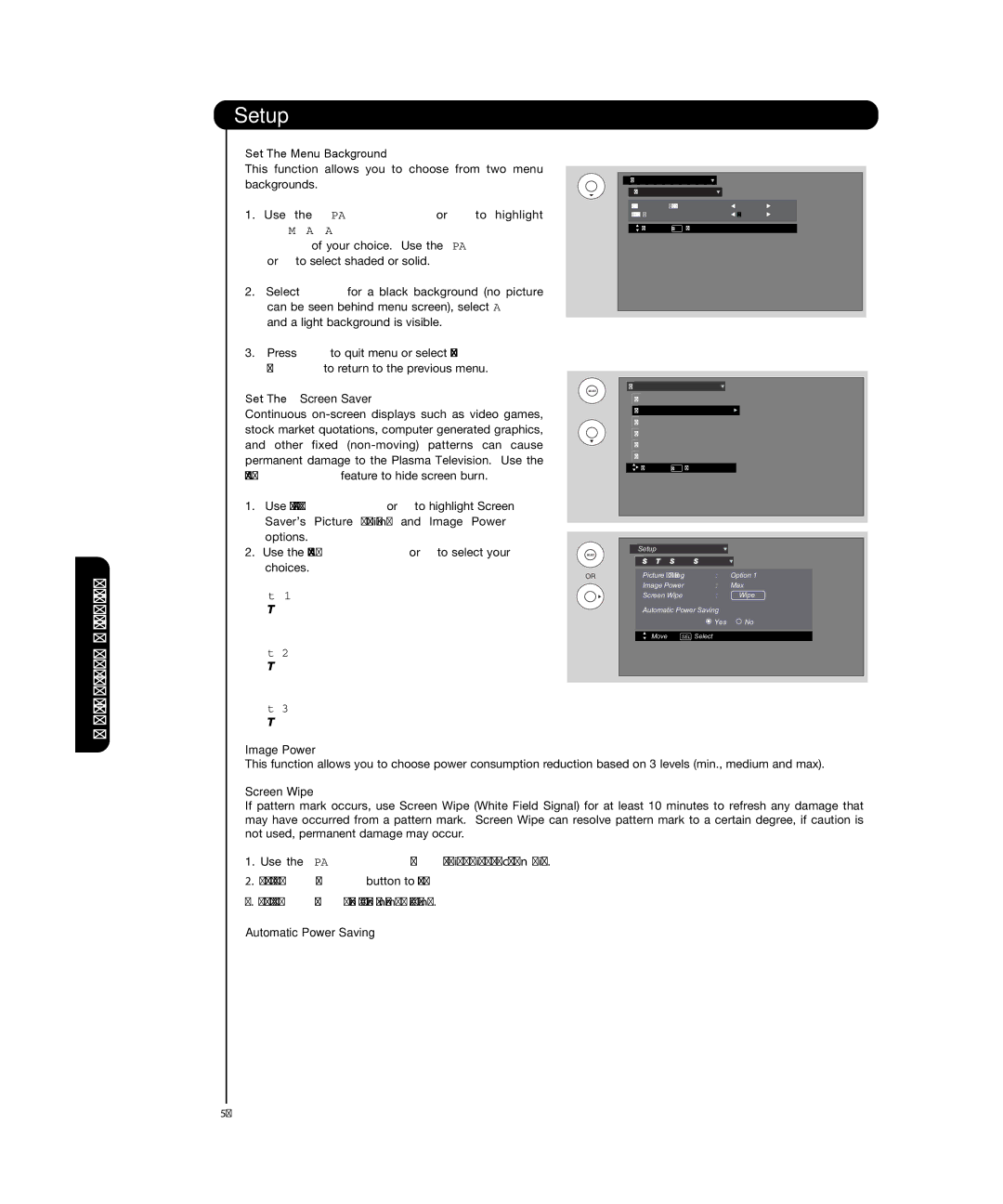 Hitachi P50T501, P55T551 manual Set The Menu Background, Set The Screen Saver, Use Cursor PAD or, Option, Image Power 