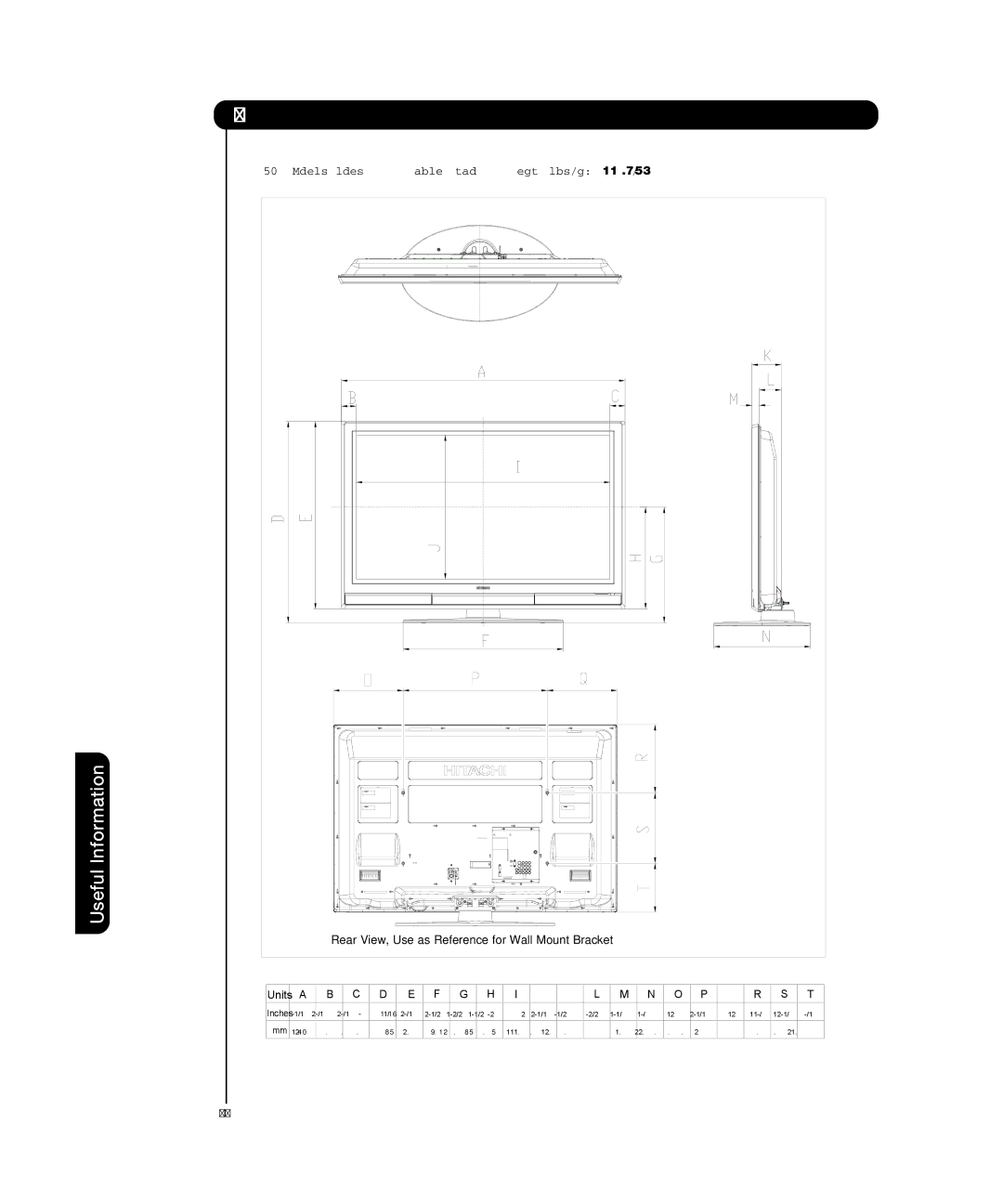 Hitachi P50T501, P55T551 manual Inch Models Includes Table Top Stand Weight lbs./kg 116.7/53 