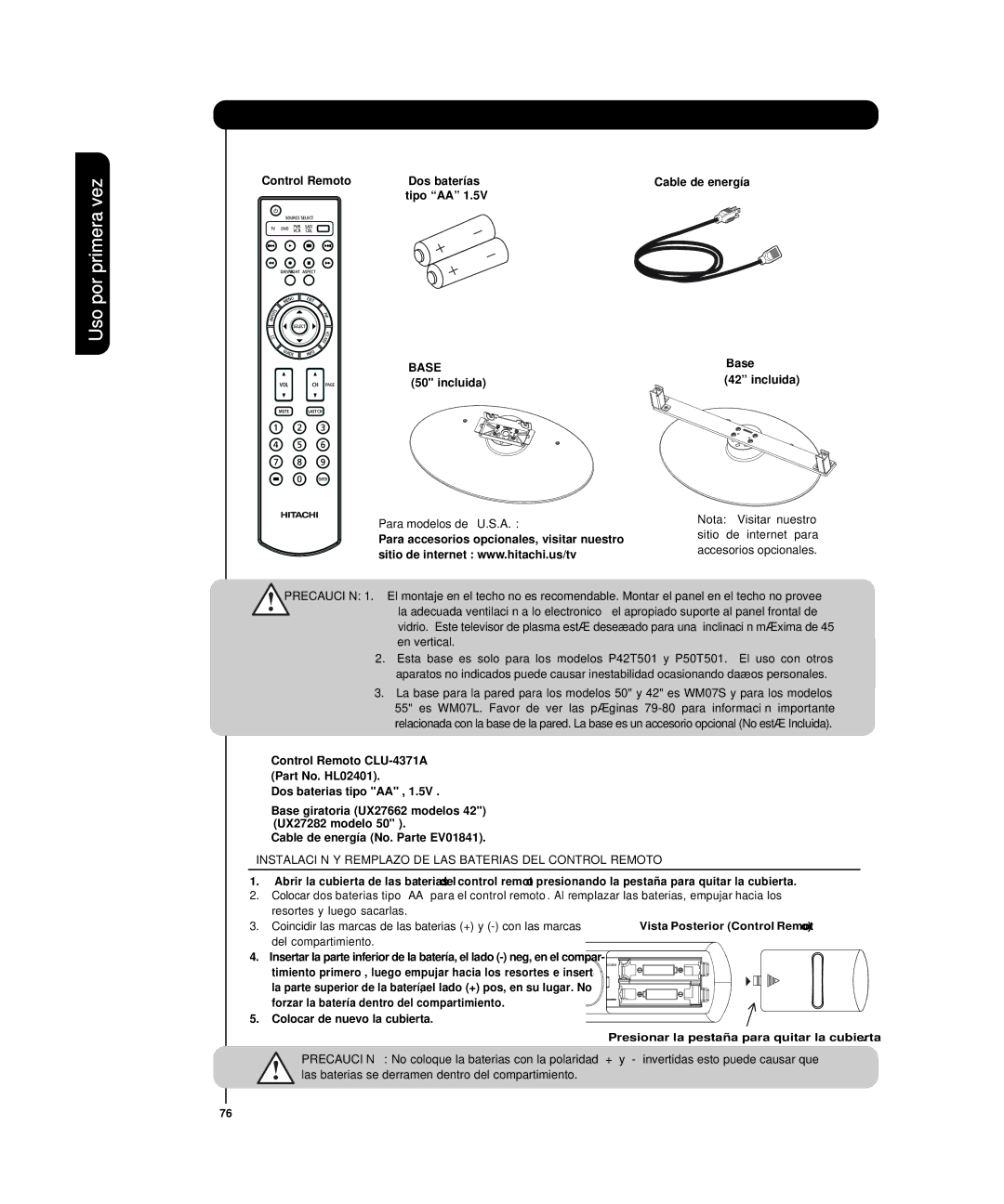 Hitachi P50T501, P55T551 manual Accesorios, Uso por primera vez, Instalación Y Remplazo DE LAS Baterias DEL Control Remoto 