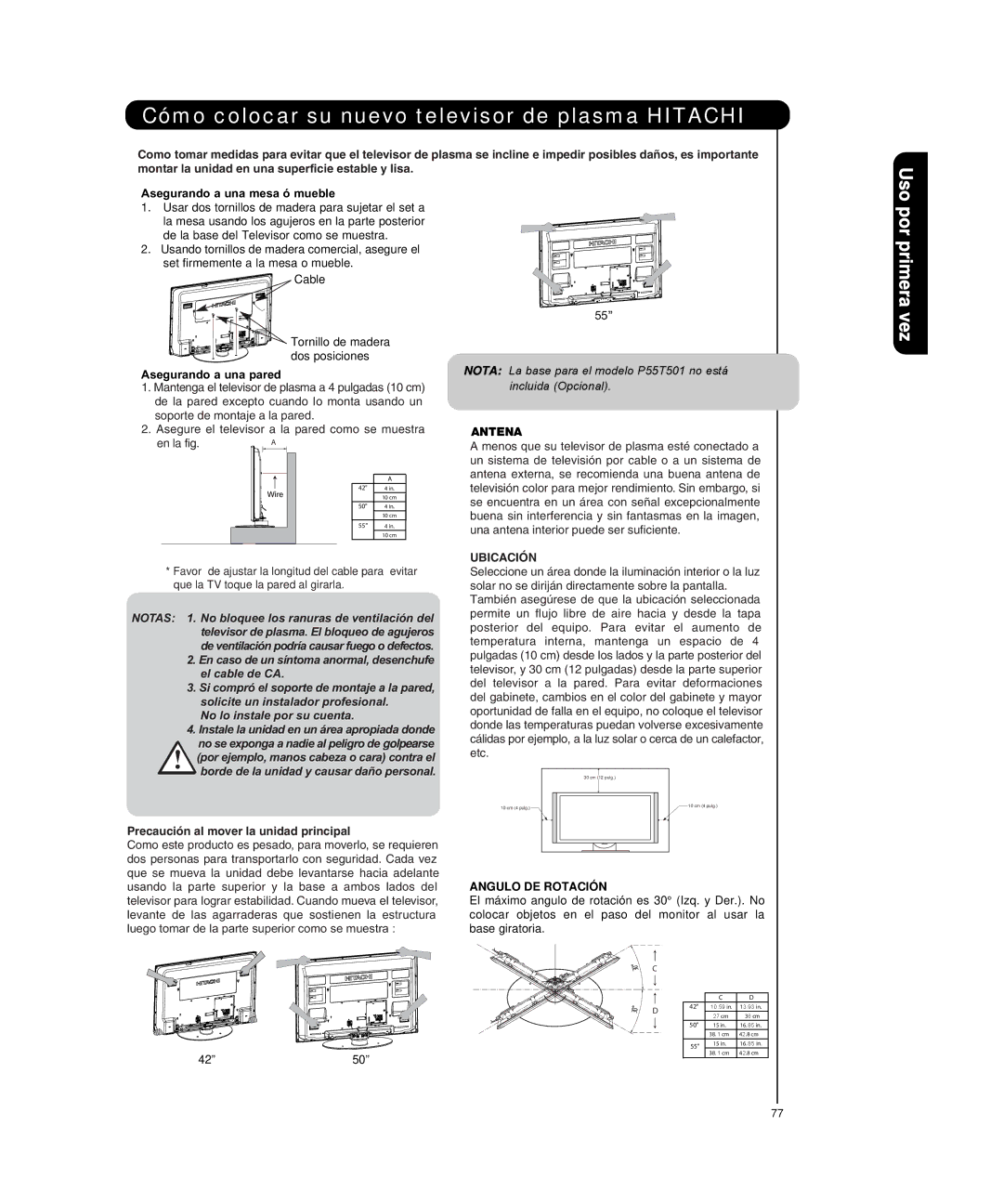 Hitachi P50T501, P55T551 Cómo colocar su nuevo televisor de plasma Hitachi, Por primera vez, Antena, Angulo DE Rotación 
