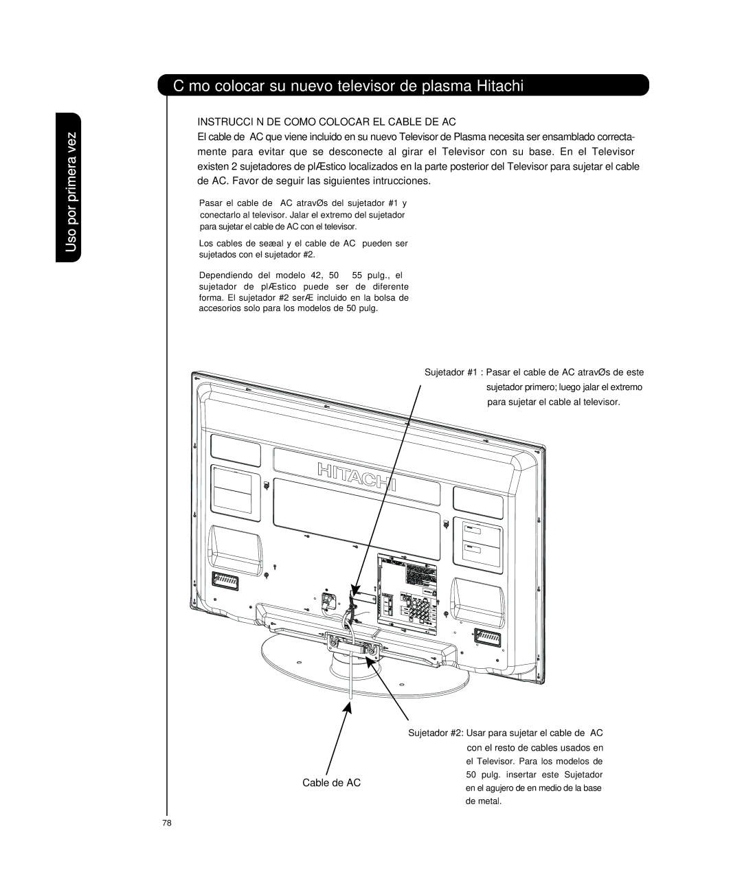 Hitachi P50T501, P55T551 manual Instrucción DE Como Colocar EL Cable DE AC 