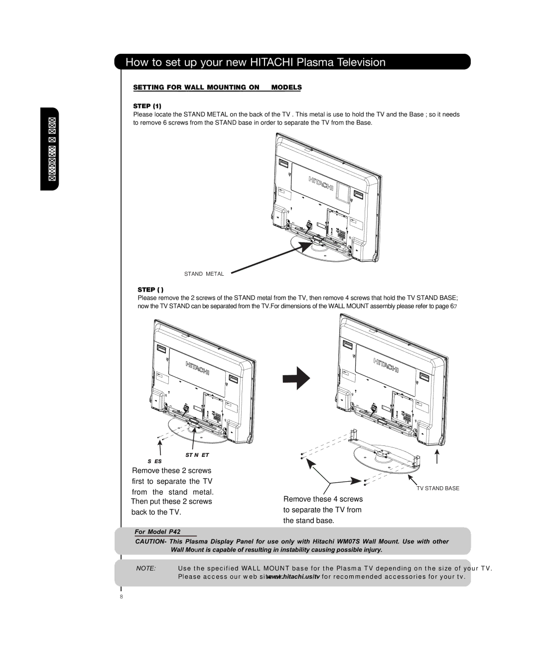 Hitachi P50T501, P55T551 manual Remove these 2 screws First to separate the TV 