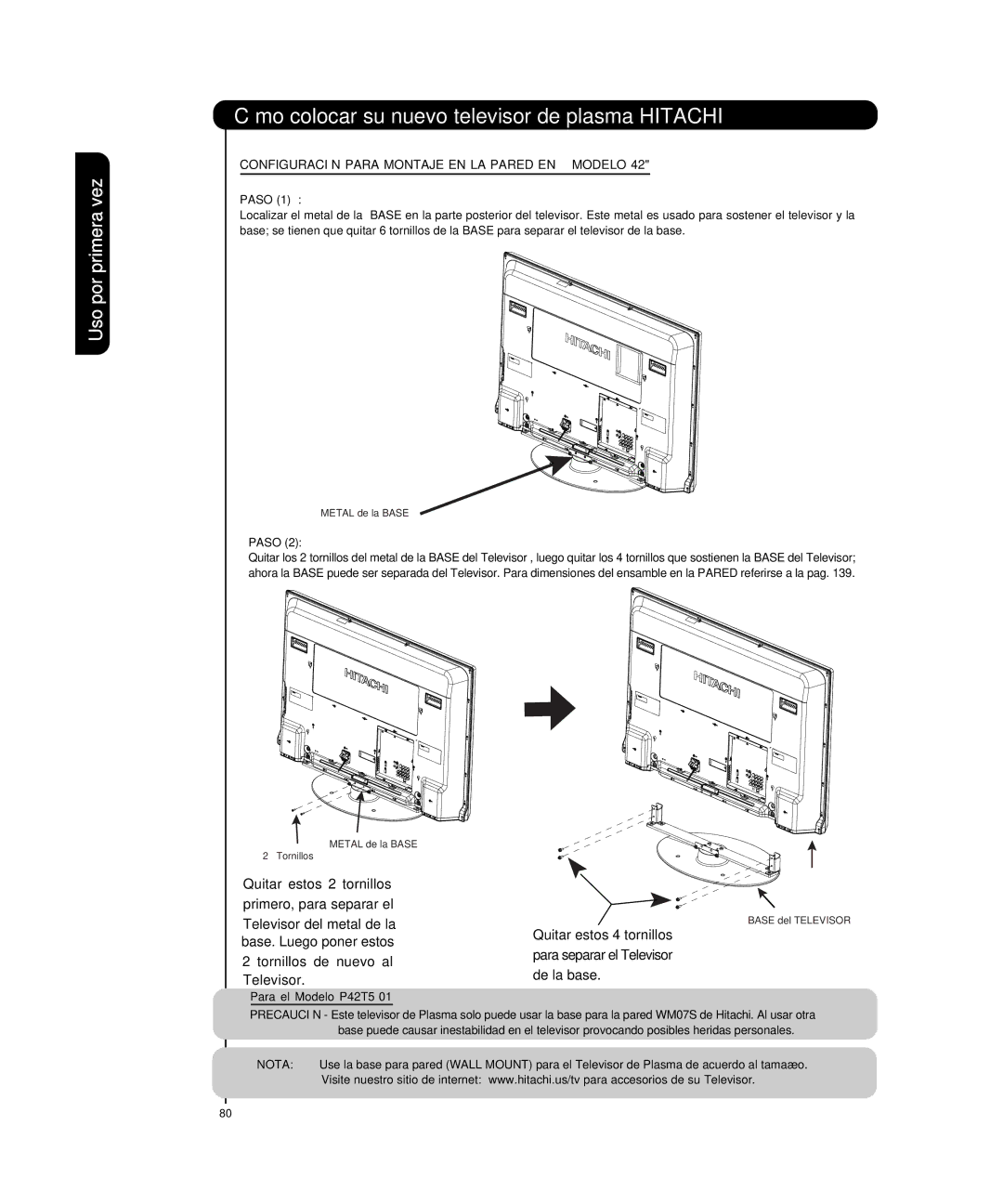 Hitachi P50T501, P55T551 manual Configuración Para Montaje EN LA Pared EN Modelo 