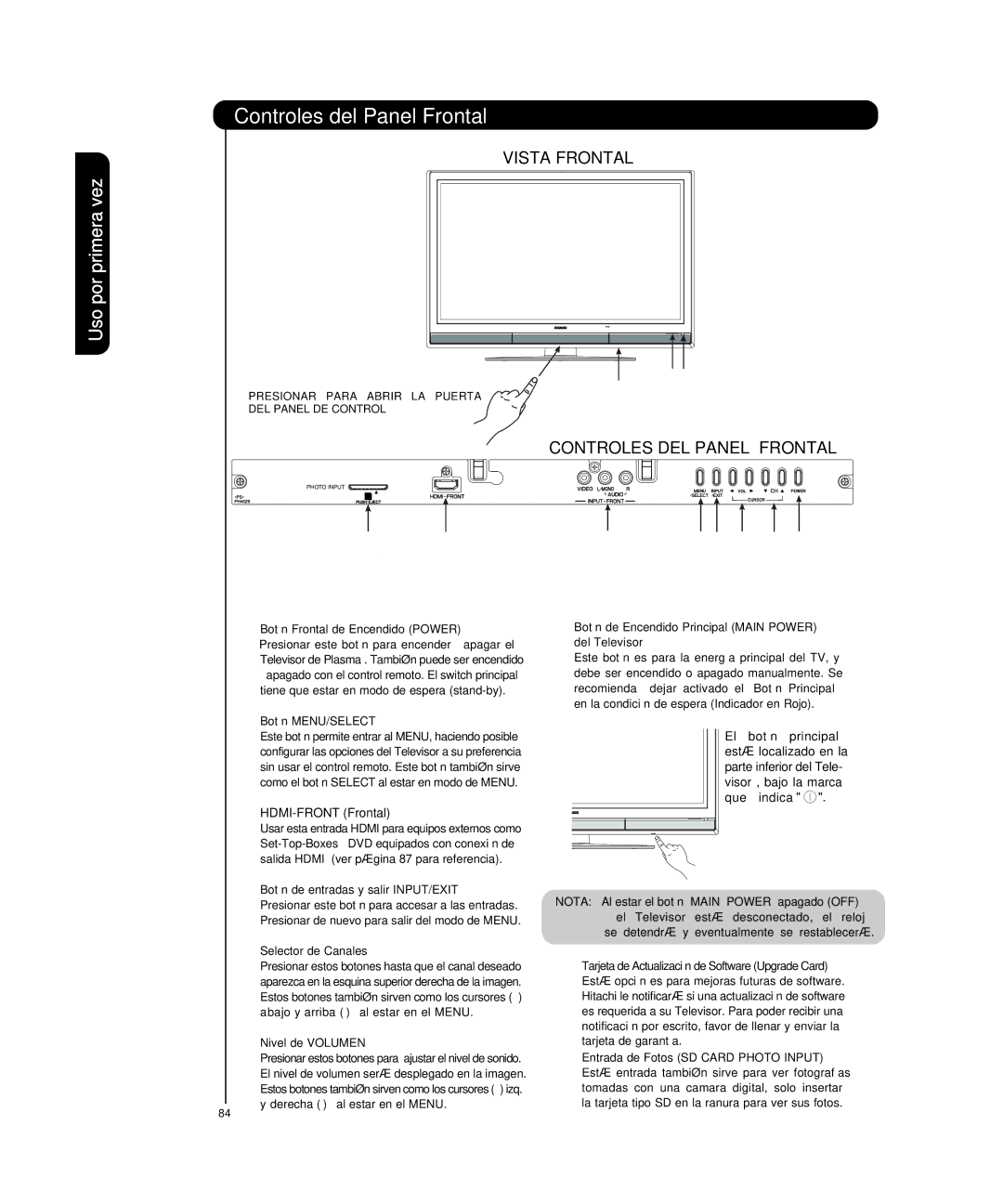 Hitachi P50T501, P55T551 manual Controles del Panel Frontal, HDMI-FRONT Frontal 