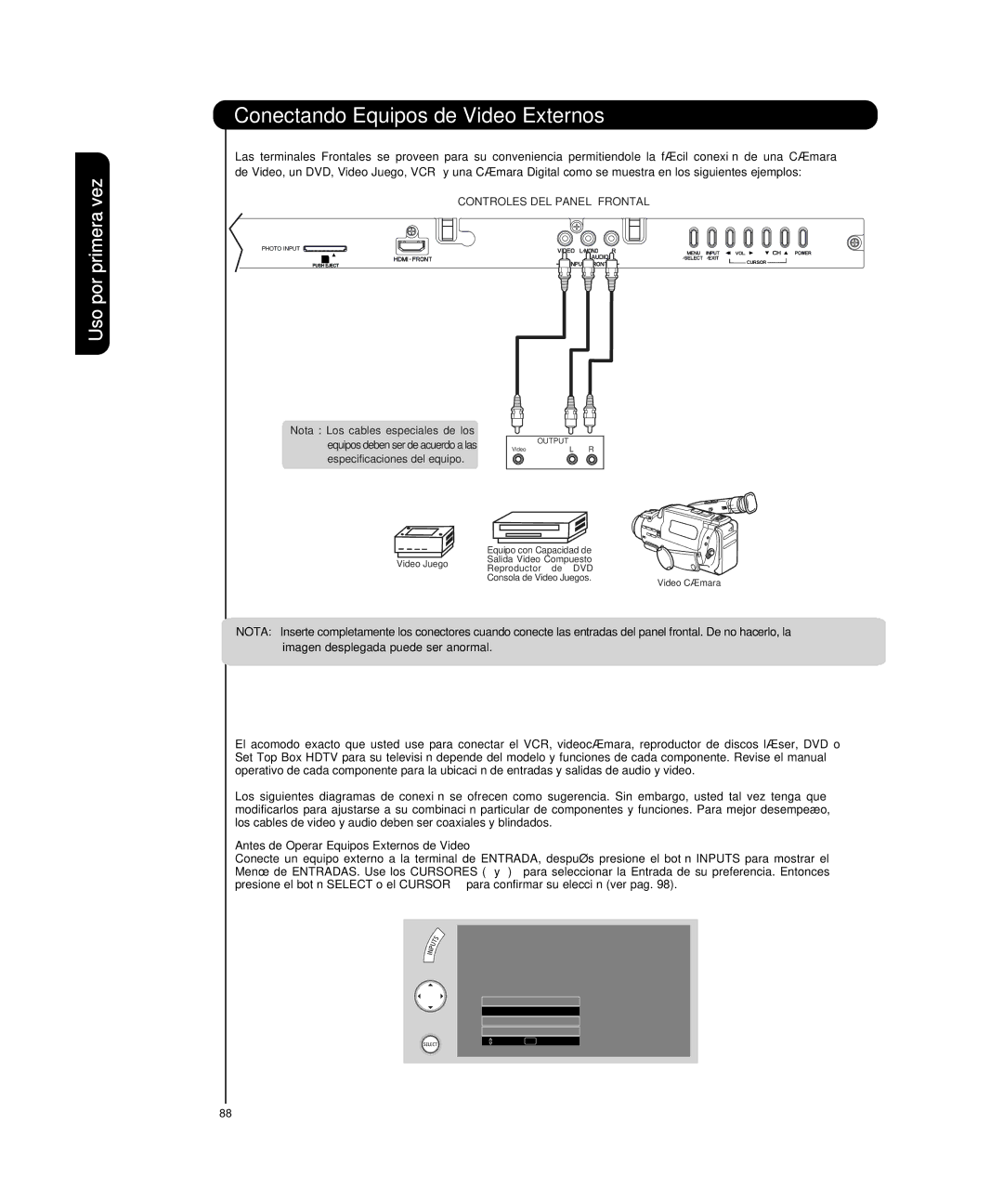 Hitachi P50T501, P55T551 manual Uso por, Antes de Operar Equipos Externos de Video 